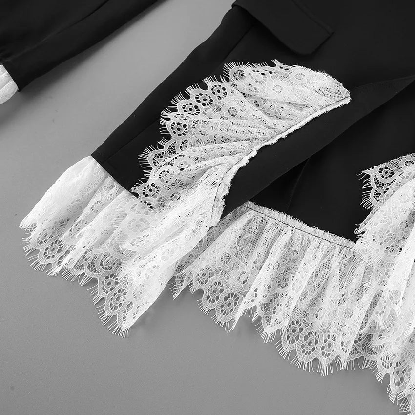 Black and White Lace Contrast-Color Waist-Defining Blazer-Style Skirt