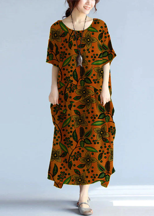 baggy orange-flower long linen dresses oversized layered cotton maxi dress vintage short sleeve cotton clothing