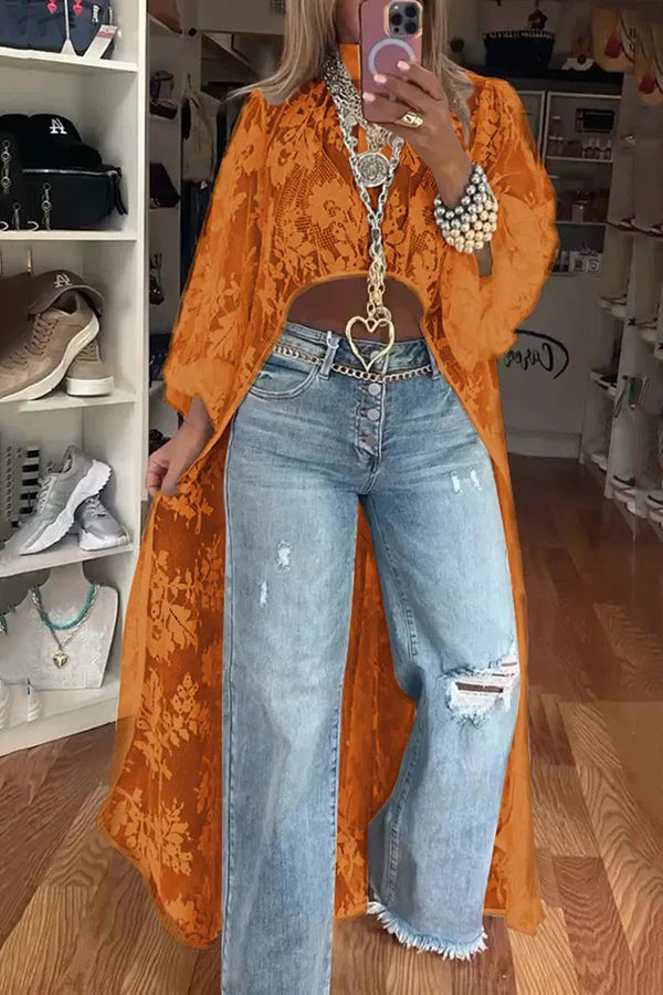 Lace Pattern Mock Neck Balloon Sleeve High Low Maxi Top