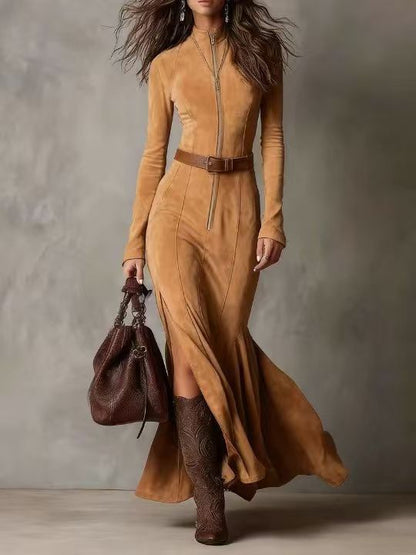 Vintage Brown Zipper Belted Maxi Dress