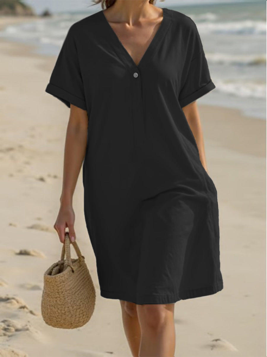 Casual V-Neck Cotton Midi Dress