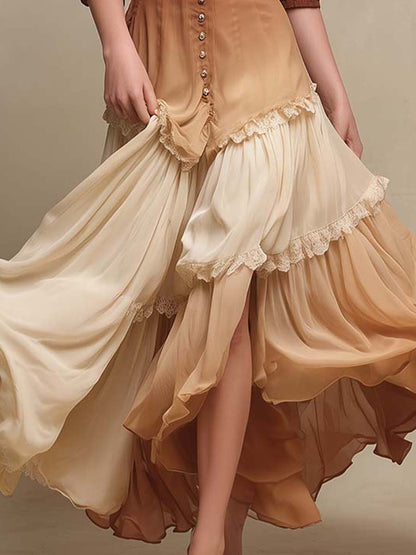 Boho Ombre Lace Trim Flowy Maxi Dress