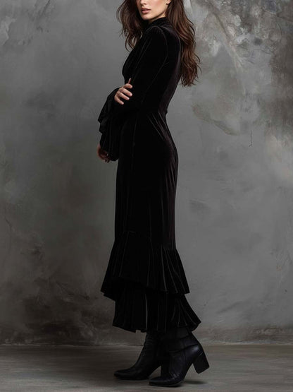 Black Velvet High-Neck Asymmetric Maxi Dress