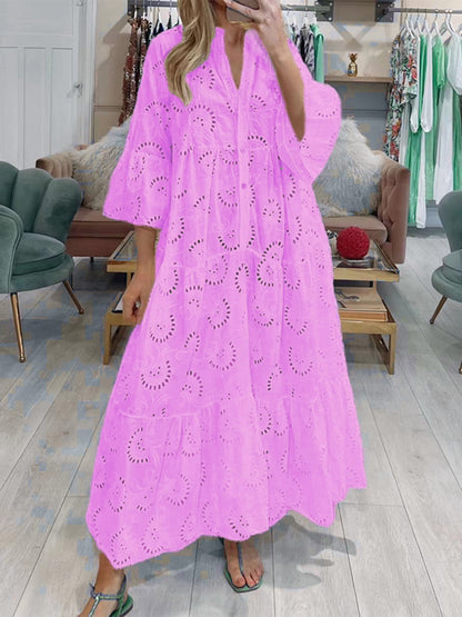 Lace Hollow V-Neck Trumpet Sleeve Dress