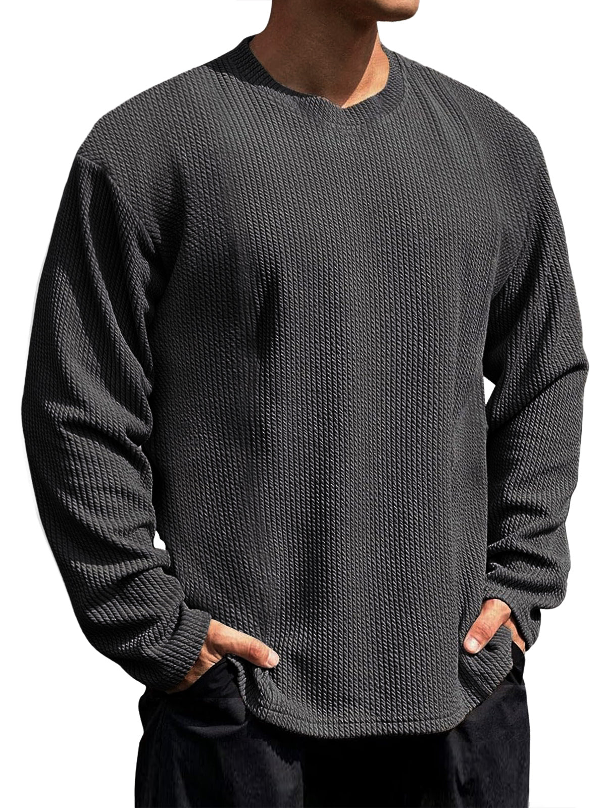 Men's Casual Round Neck Vertical Stripe Solid Color Long-sleeved T-shirt
