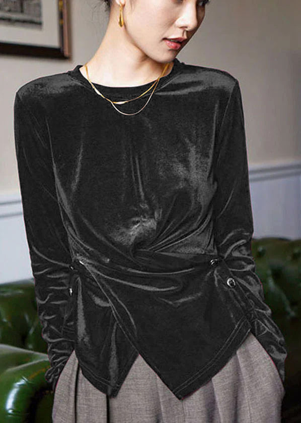 Blaue Seidenveloursblusen mit asymmetrischen Knöpfen und langen Ärmeln