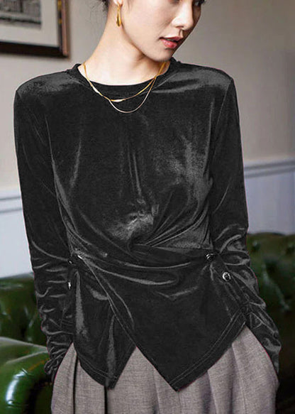 Blaue Seidenveloursblusen mit asymmetrischen Knöpfen und langen Ärmeln