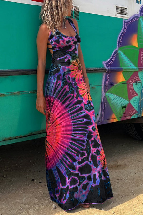 Tie-Dye Lace-Up Stretch Maxi Dress