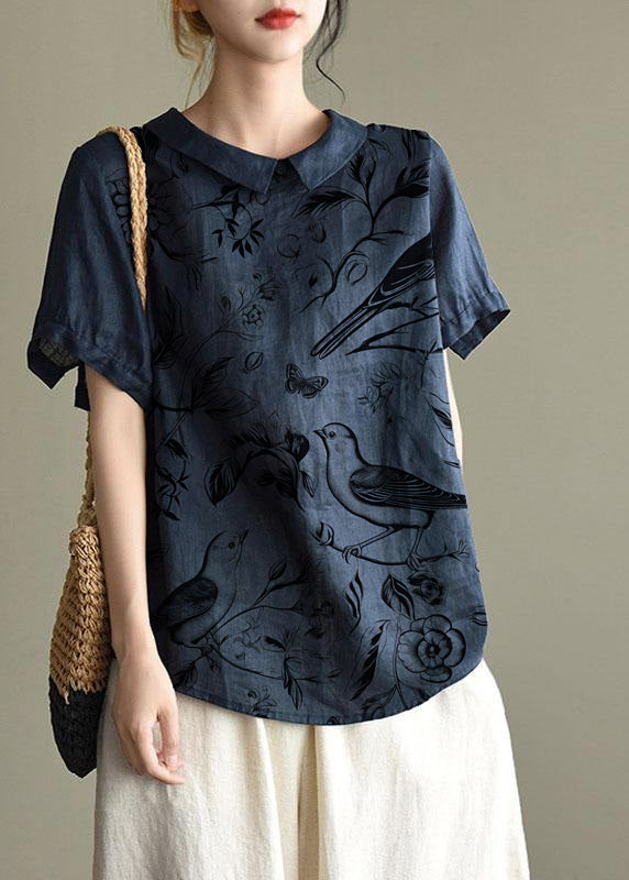 Einfache rosa Peter-Pan-Kragen Patchwork Sommer Leinenblusen