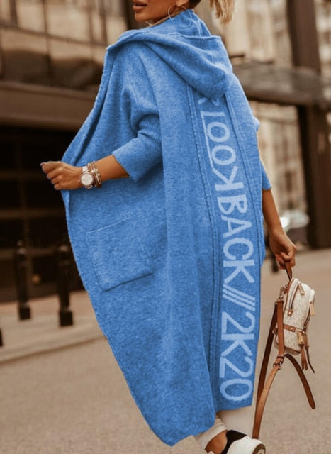 Long-Sleeved Hooded Oversized Knit Cardigan with Letter Print