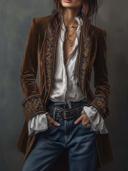 Vintage Navy Velvet Embroidered Long Jacket