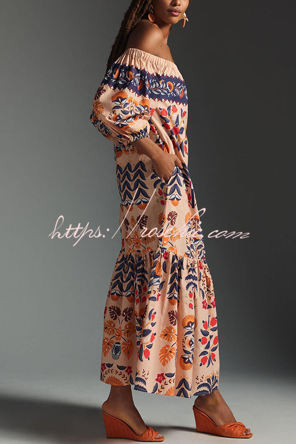 Island Print Off-Shoulder Flowy Midi Dress