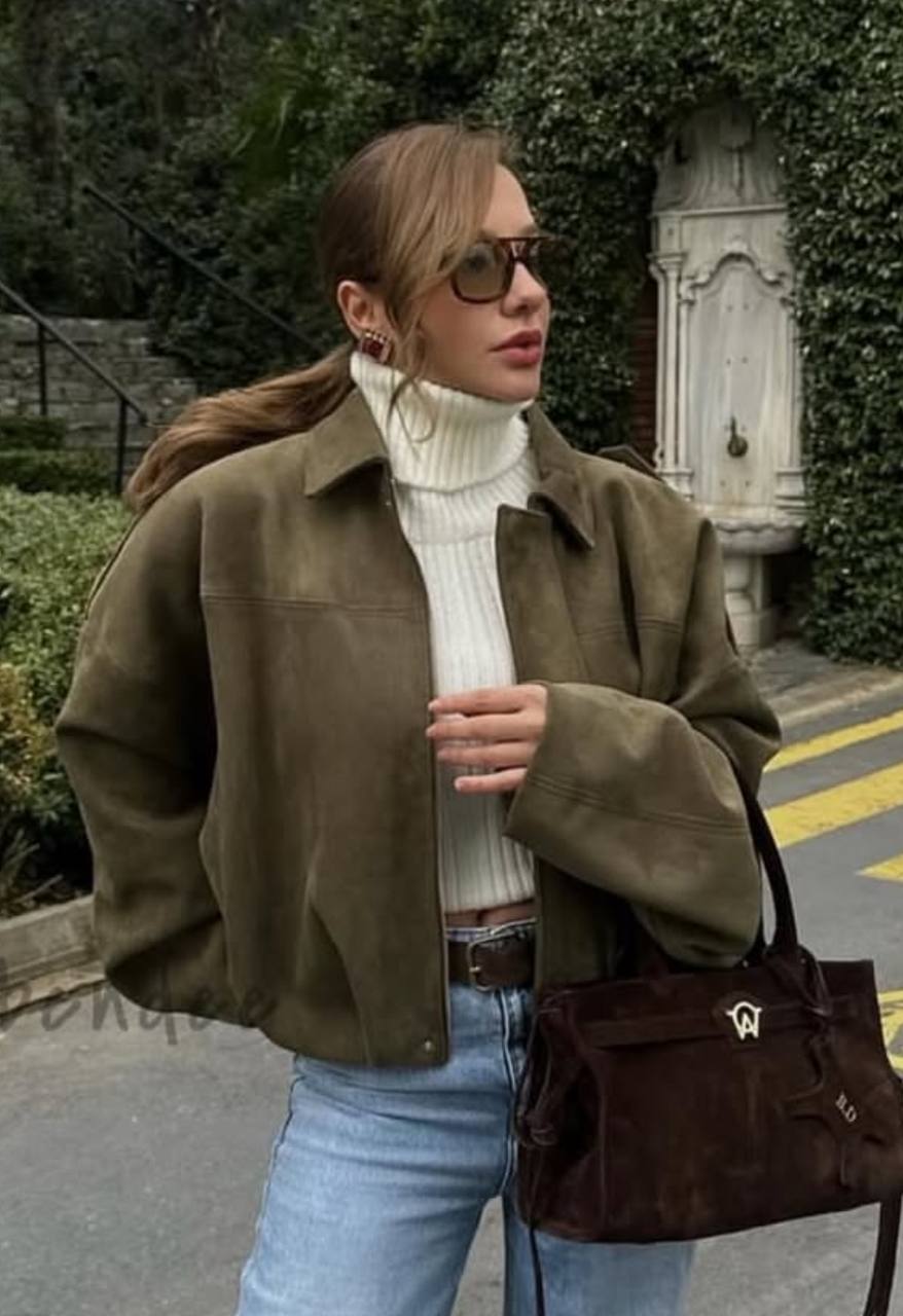 Olive Green Suede Oversized Lapel Casual Jacket