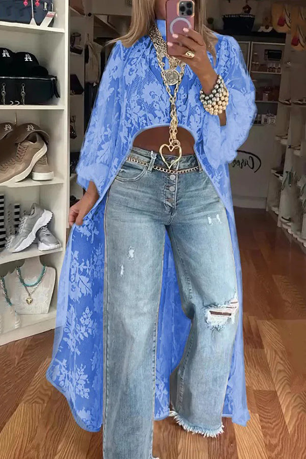 Lace Pattern Mock Neck Balloon Sleeve High Low Maxi Top