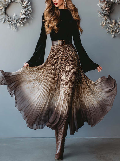 Leopard Ombre Pleated Maxi Dress with Fitted Velvet Bodice