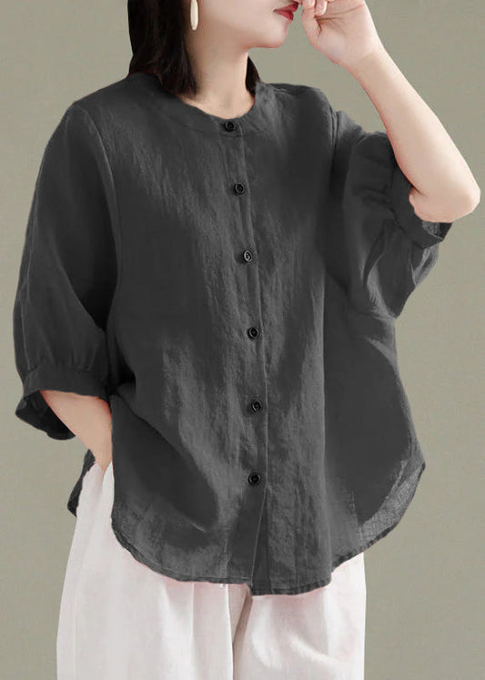 Art Yellow O-Neck Button Linen Loose Shirt Top Lantern Sleeve