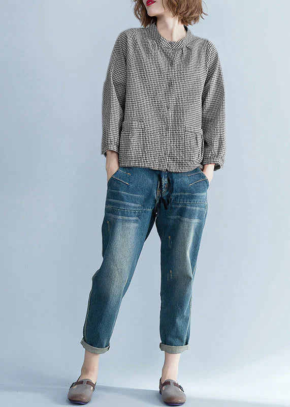 Französische Langarm-Leinenbluse, pakistanische Tunika-Tops, rotes Silhouettenhemd, kariert