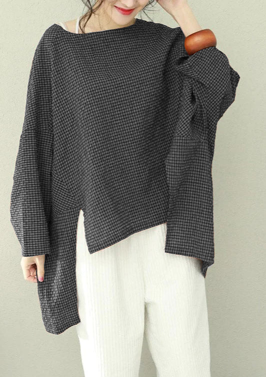 Bohemian asymmetrische Baumwolle Damen Fine Work blau kariert übergroße Tops