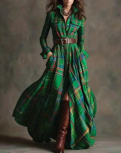 Retro Ethnic Style Lapel Reddish Brown Plaid Maxi Dress