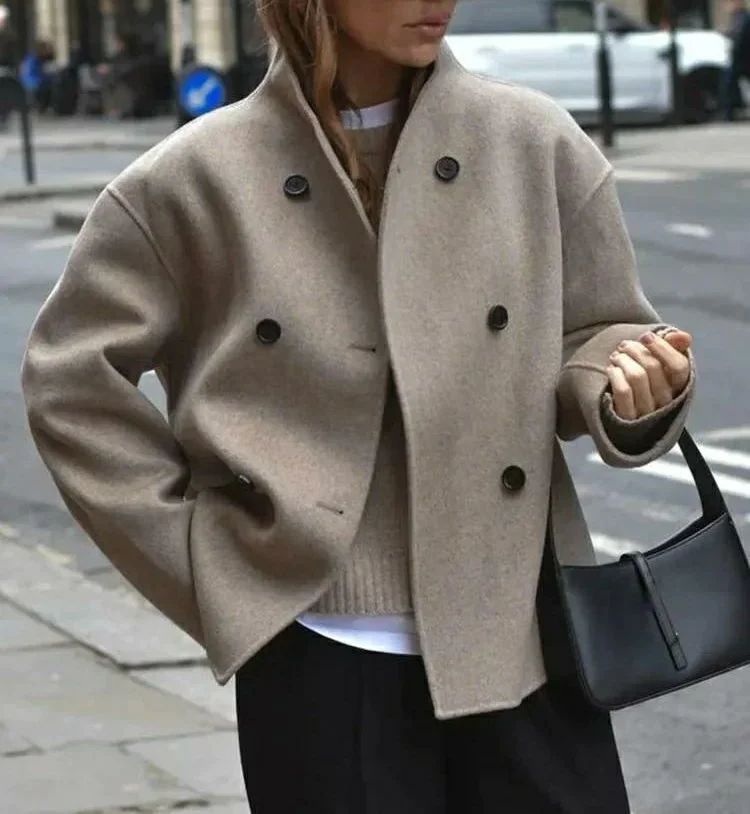 Stand-collar double-breasted loose-fit cropped casual jacket