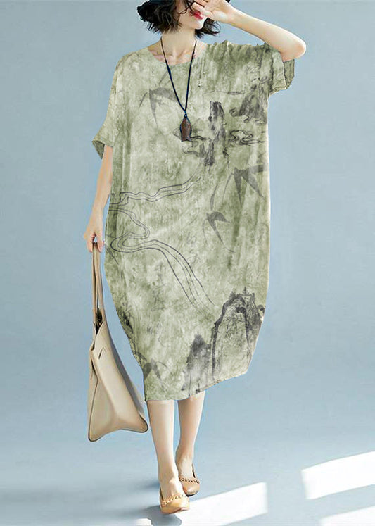 2019 grünes langes Leinenkleid in Übergröße mit O-Ausschnitt und Blumenmuster, Leinenkleidung, lässige Kurzarm-Baggy-Kleider, Leinenkaftane