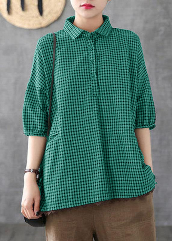 Italienisches Dunkelgraues Leinen Plaid Sommer Patchwork Halbarm