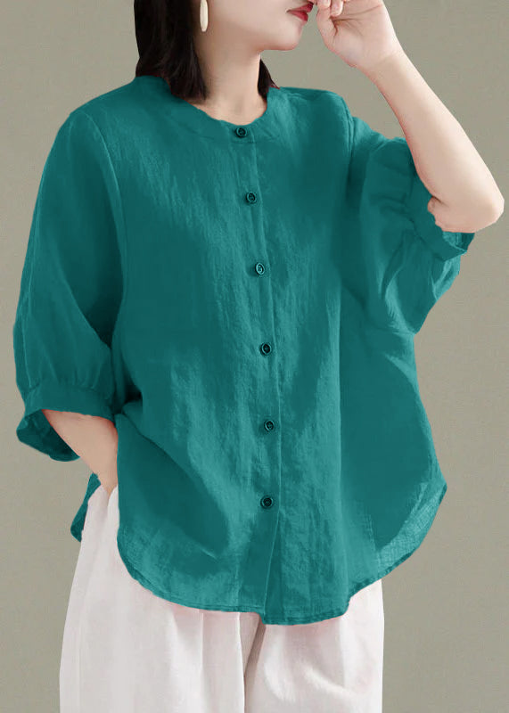 Art Black O-Neck Button Linen Loose Shirt Top Lantern Sleeve