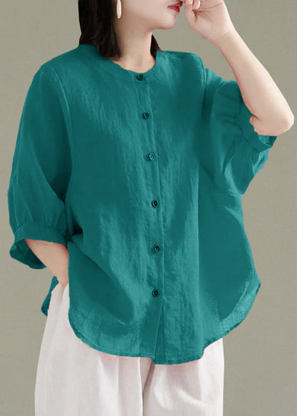 Art Black O-Neck Button Linen Loose Shirt Top Lantern Sleeve