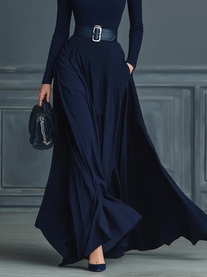 Dark Blue Knitted High-neck Dress