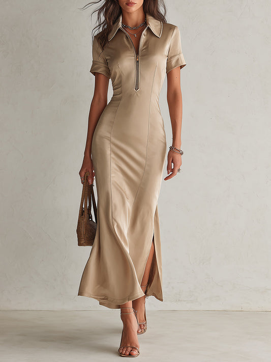 Elegant Satin Midi Dress With Half-zip Closure And Side Slit