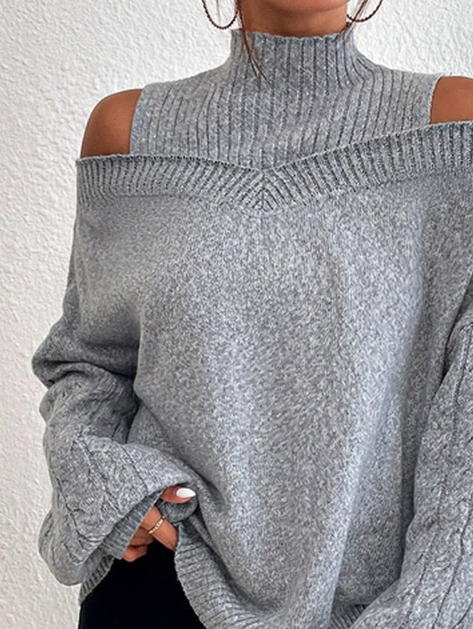 High-Neck Off-Shoulder Cable-Knit Oversized Sweater