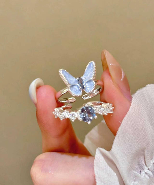Cute Blue Copper Zircon Butterfly Rings Two-Piece Set