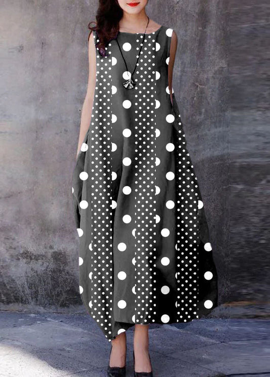 Bohemian Schwarz gespleißt Polka Dots O-Ausschnitt Extra großer Saum Baumwolle Kleider Ärmellos