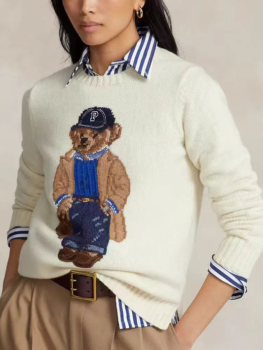 Milky White Two-Piece Style Striped Collar Bear Embroidered Preppy Knit Sweater