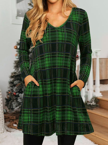 Women Christmas Plaid Print Loose Holiday Knee-Length V-Neck Sexy Dress