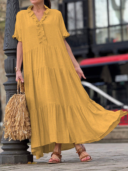 Ruffle Collar Cotton Linen Pocket Dress