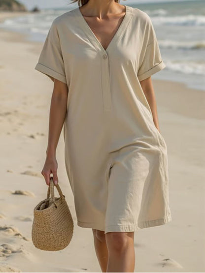 Casual V-Neck Cotton Midi Dress