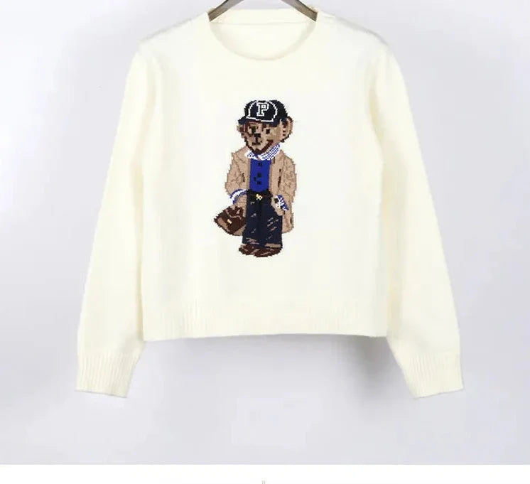 Milky White Two-Piece Style Striped Collar Bear Embroidered Preppy Knit Sweater