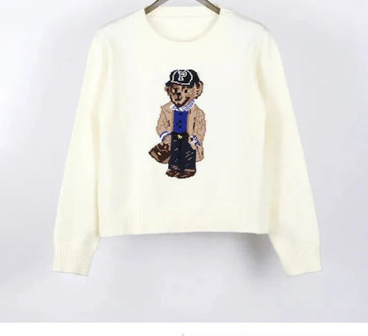 Milky White Two-Piece Style Striped Collar Bear Embroidered Preppy Knit Sweater