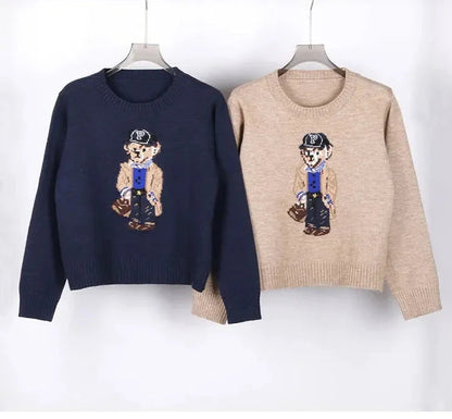Milky White Two-Piece Style Striped Collar Bear Embroidered Preppy Knit Sweater
