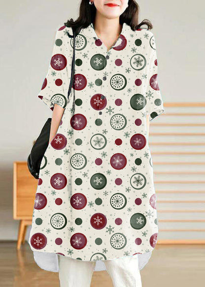 Vestido camisero informal de lino color verde oscuro con copos de nieve para mujer