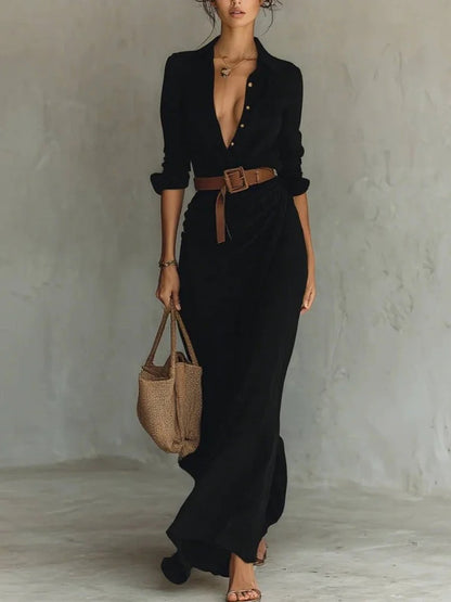 Single Breasted Long Sleeve Warp Slit Shirt Maxi Dress