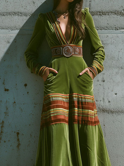 Boho Olive Green Velvet Striped Hem Maxi Dress