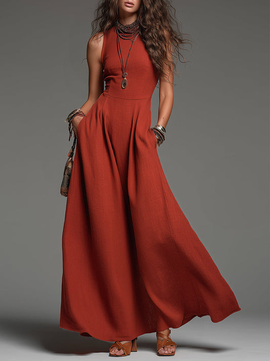 Vintage Cotton And Linen Sleeveless Maxi Dress With Pockets