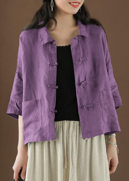 Beautiful gray geometry Peter Pan Collar Pockets Summer Linen top