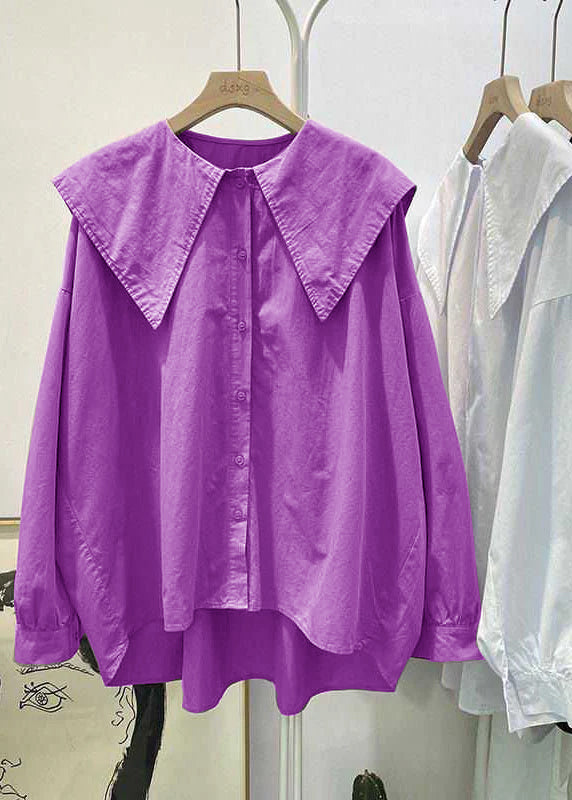 Boho grün Peter Pan Kragen Knopf asymmetrisches Design Herbst Langarm Top