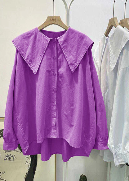 Boho grün Peter Pan Kragen Knopf asymmetrisches Design Herbst Langarm Top