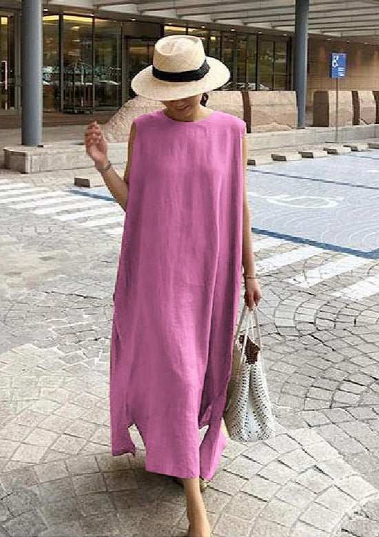Bohemian O Neck Seite Offen Leinen Baumwolle Kleidung Stoffe Lila Kleid