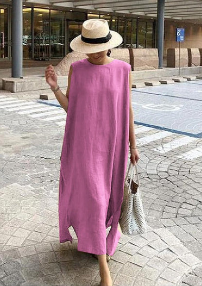 Bohemian O Neck Seite Offen Leinen Baumwolle Kleidung Stoffe Lila Kleid