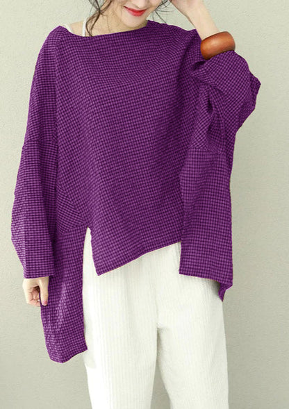 Bohemian asymmetrische Baumwolle Damen Fine Work blau kariert übergroße Tops